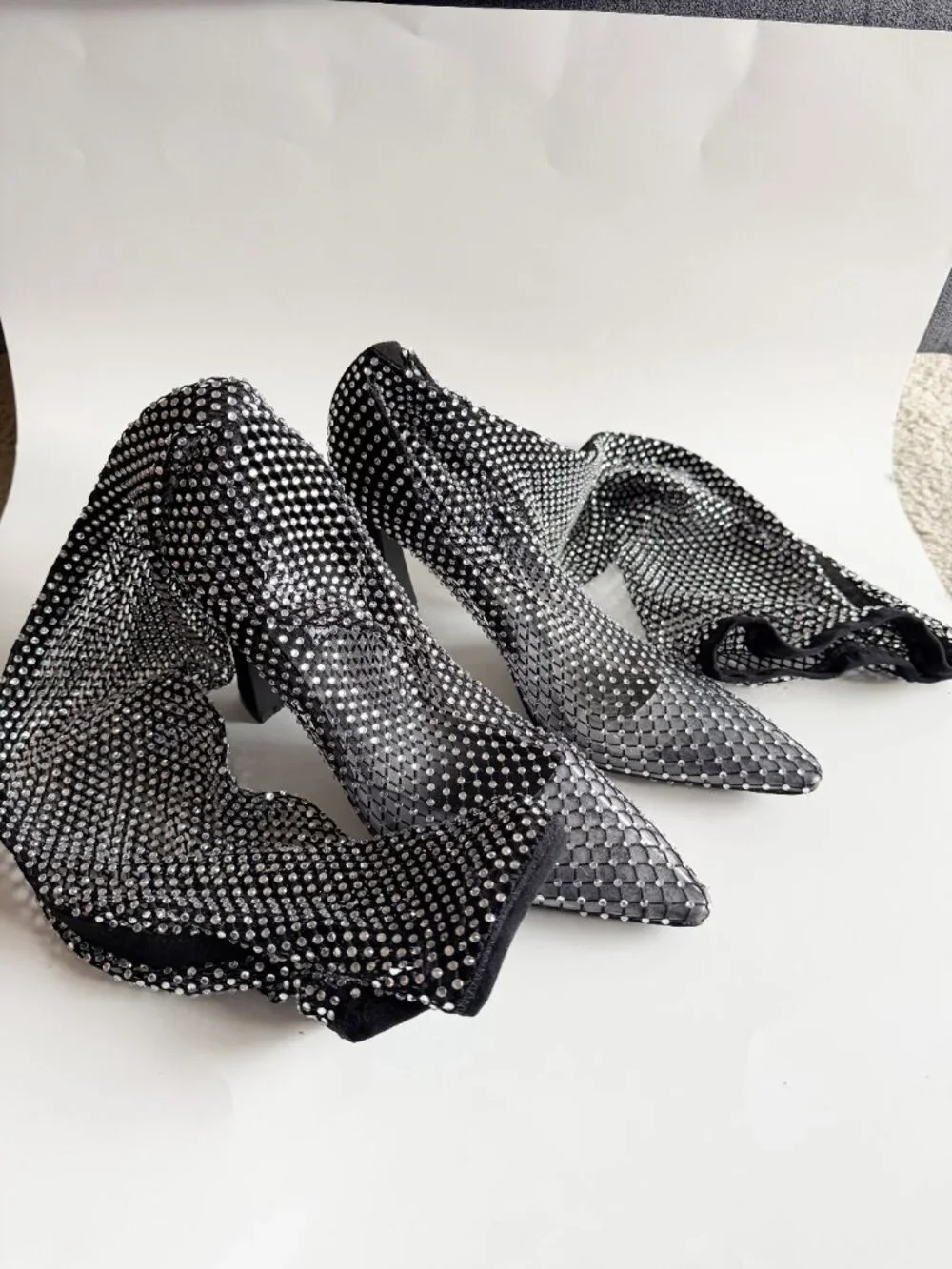 Steve Madden Sapphire Rhinestone Mesh Sock Booties Black Crystal Heel Size 9